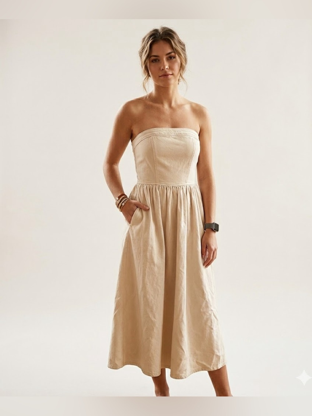Young Fabulous & Broke Strapless Midi Dress Smocked Back Neutral Small NWT